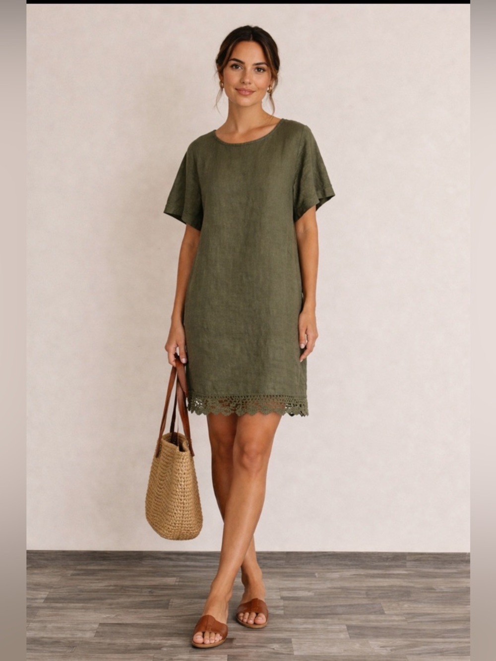 Bellambra Women’s Linen Dress Size 1X Made In Italy Crochet Trim Short Sleeve